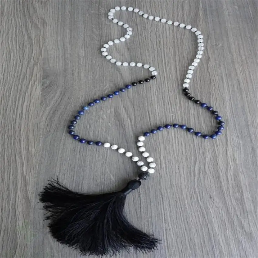 

8mm 108 Howlite Lapis Lazuli gemstone Tassel Mala necklace Buddhism Veins Unisex Wrist Wristband chain Tassel Meditation MONK