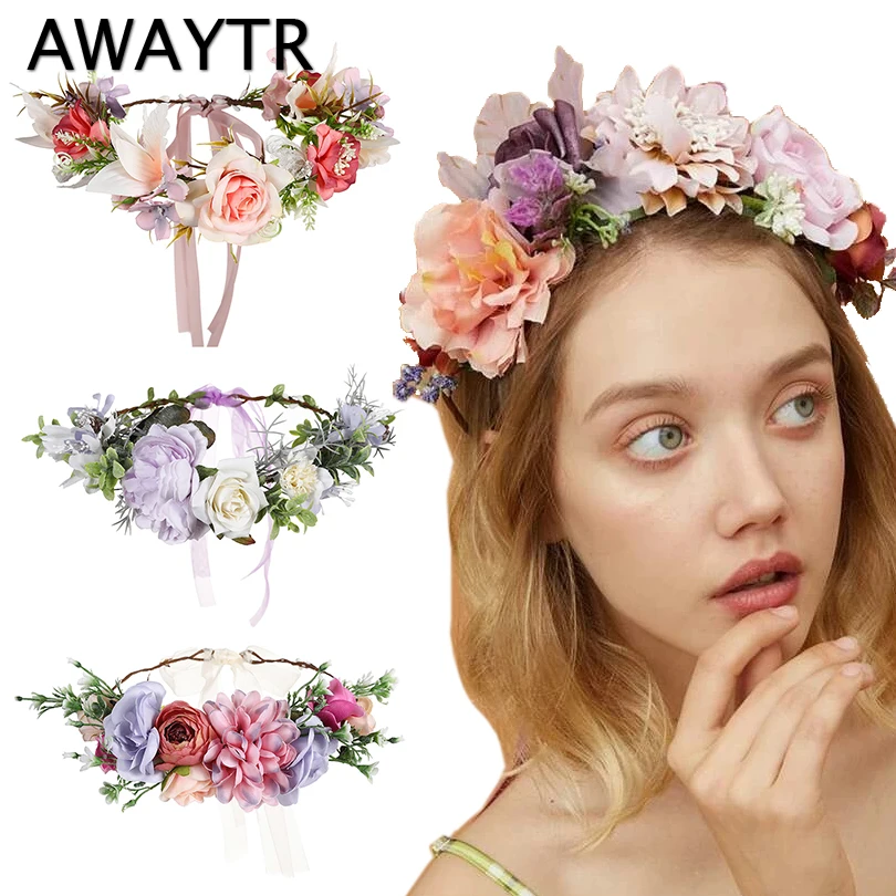 Женский цветочный венок AWAYTR свадебный на голову с цветочной гирляндой для