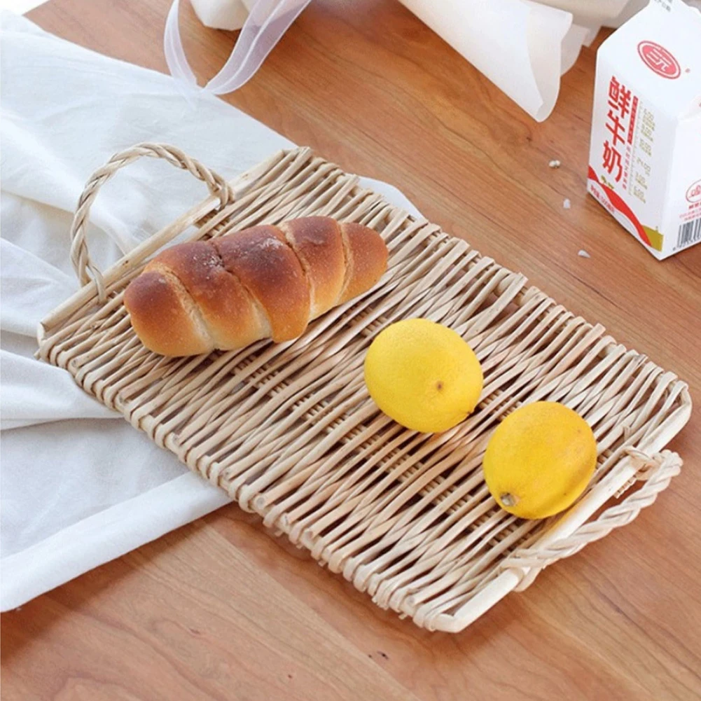 

Handwoven Rattan Storage Tray With Handle Bread Food Plate Fruit Cake Platter Dinner Serving Tray Kitchen Organizer