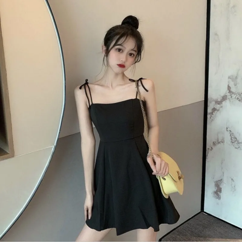 

QWEEK Black Spaghetti Strap Slip Dress 2021 Summer Sundresses Korean Fashion Style Off Shoulder Dress Backless Mini Party Dress