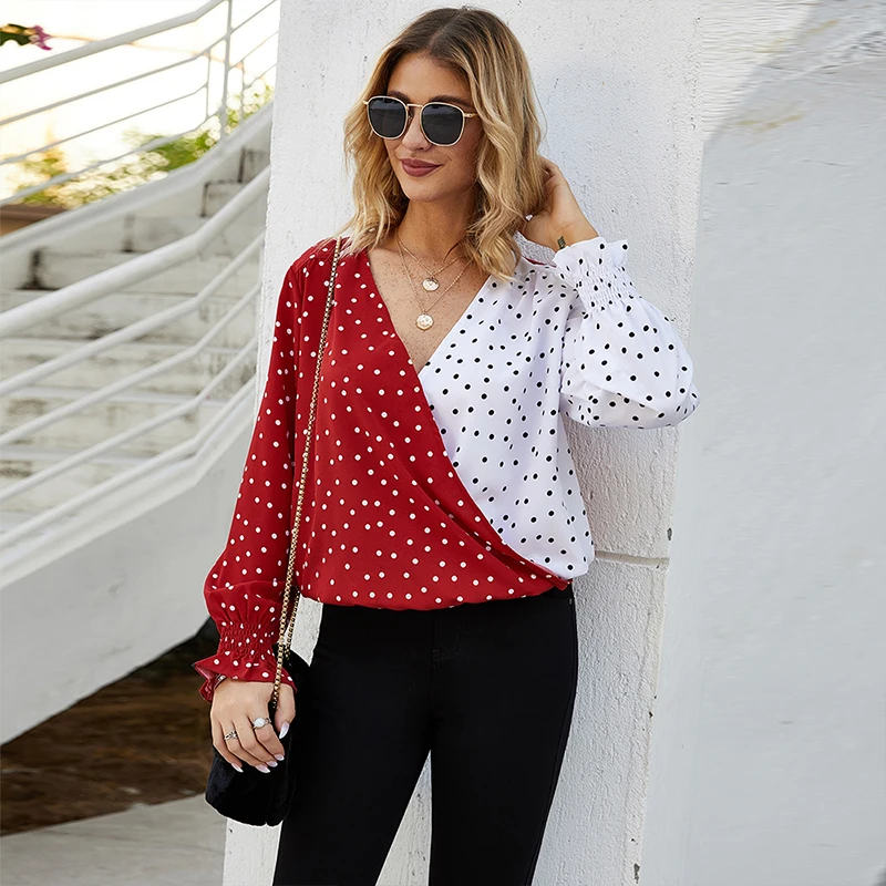 

2020 Spring Polka Dot Womens Tops And Blouses Casual V-Neck Long Petal Sleeve Tunic Office Lady Loose Patchwork Blouse Shirt