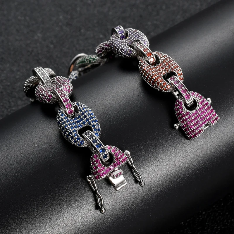 

Hip Hop Multi-Color AAA Cubic Zircon Coffee Bean Chain Men Bracelet Rock Link for Couple Jewelry