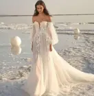 Свадебное платье, простое пляжное платье в пол, с открытыми плечами, длинным рукавом, по индивидуальному заказу, из белой органзы, с тюлем, со шлейфом, 2021
