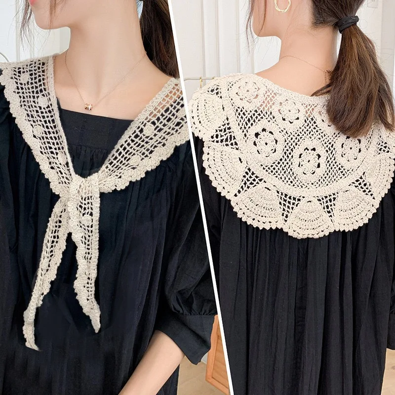 

Women False Collar Pastoral Style Fake Collars Hollow Out Embroidery Floral Lace Half Shirt Shawl With Lace Up Bowtie Necklace