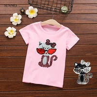 festival sequin top changing color cat switchable reversible sequins girls t shirts kid fashion t shirt children tops clothes
