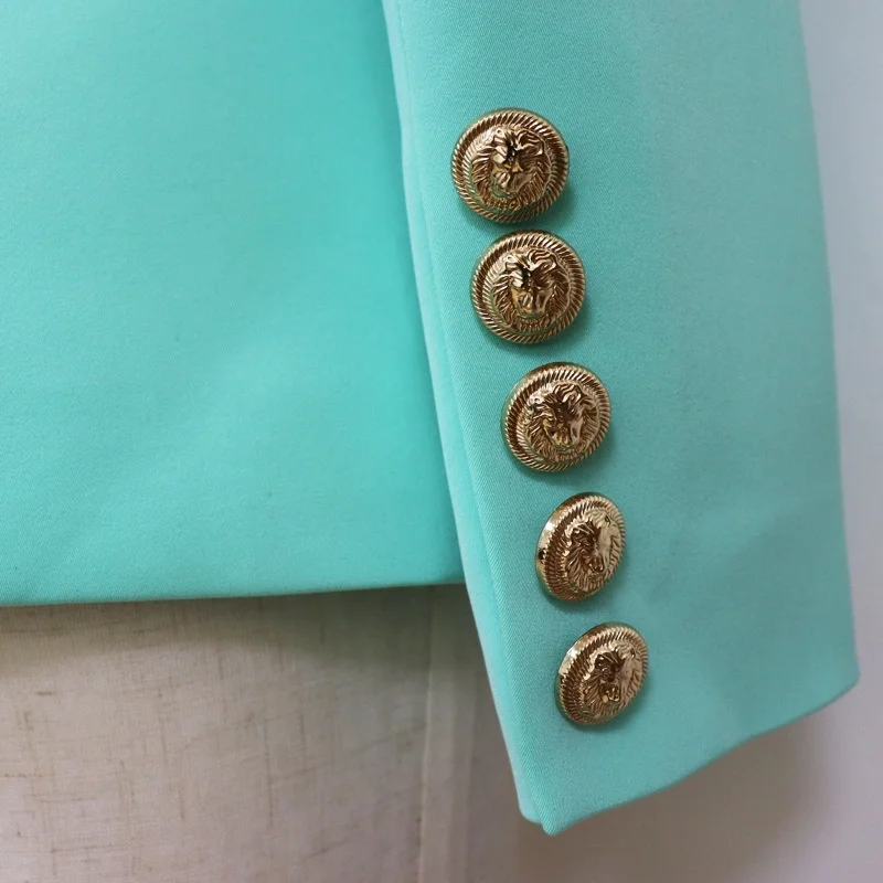 

2021 star female suit coat fashion lion head metal button double breasted green fruit collar suit green