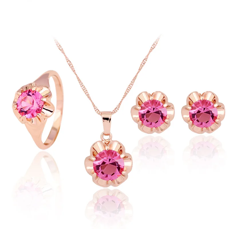 

Royal Cubic Zirconia Cute Fashion Hot Pink Flower Rhombic Ring Necklace Earring Set For Women 3-Piece Jewelry Set 2021 New