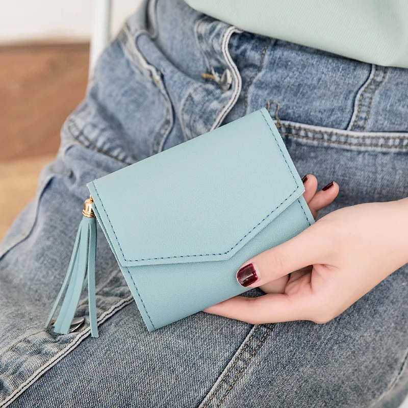 

Solid Color Short Wallets PU Pocket Tassel Purse Card Holder Female Fashion Coin Burse Money Bag Note Compartment High Quality