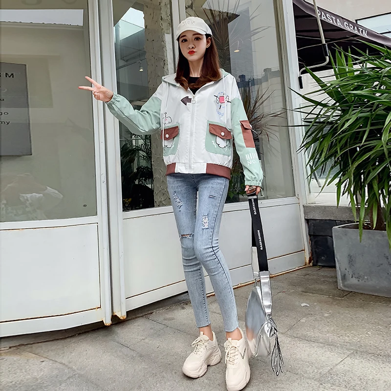 Women Fun Cartoon Print Color Matching Hooded Zippers Jacket Long Sleeve Patchwork Loose Outerwear Coat 2054870
