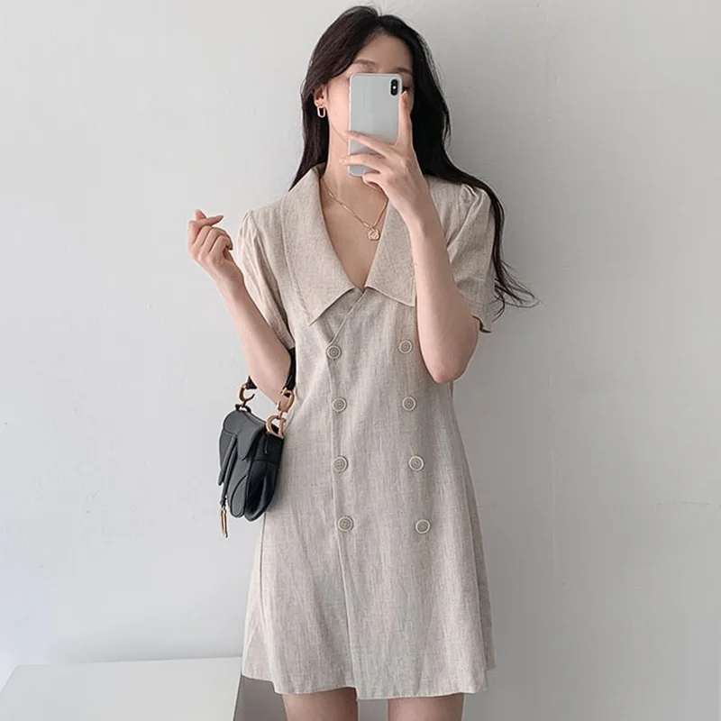 

Женское платье с отложным воротником, однотонное короткое двубортное приталенное платье с отложным воротником, корейская мода, лето