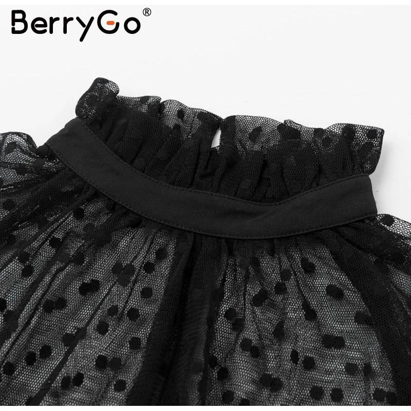 BerryGo сексуальное Полосатое кружевное женское платье в горошек черная поясная оболочка вечернее платье с пышными рукавами осенне-зимнее офисное женское платье