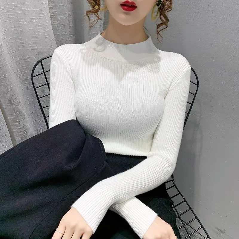 

Женская рубашка с полувысоким воротником, сезон весна-осень-зима, облегающий свитер в иностранном стиле, Вязаный топ с длинными рукавами