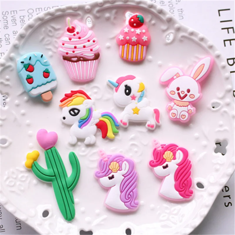 

10Pcs/lot Cute Cartoon Unicorn Rabbit Rubber Flatback Cabochon Kawaii DIY Kids Hair Bows Accessories Scrapbooking Crafts