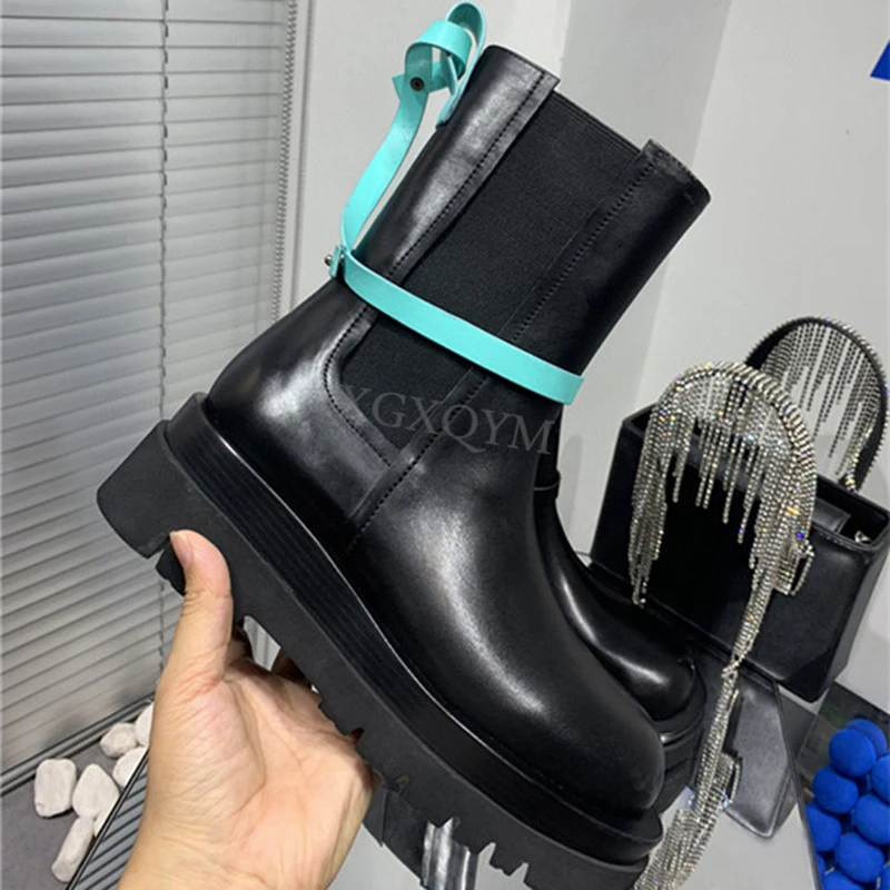 

Женские ботильоны челси из натуральной коровьей кожи, черные ботинки на платформе и резинке, ручная работа, Осень-зима