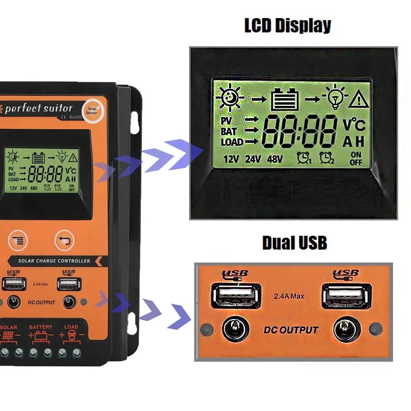 Контроллер Заряда MPPT Солнечный контроллер с ЖК-дисплеем Disaplay Dual USB 5V солнечная