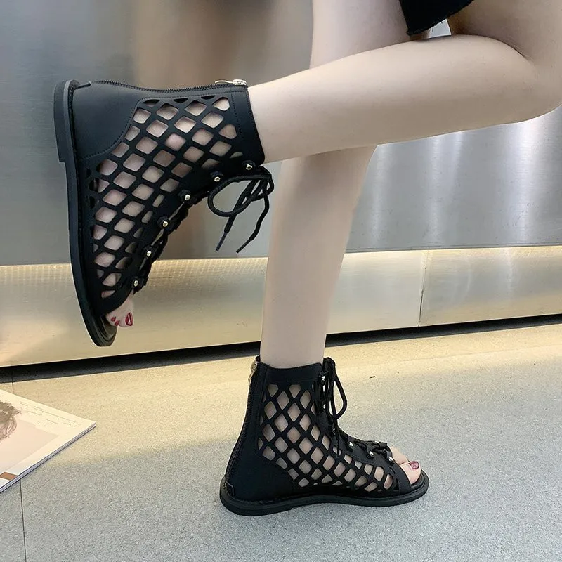 

Flat Sandal Shoe 2021 Summer Strappy Heels All-Match Suit Female Beige Without Gladiator Girls Low Black Comfort New