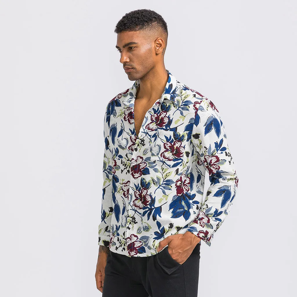 Мужские в этническом стиле винтажные цветочные печати с длинным рукавом