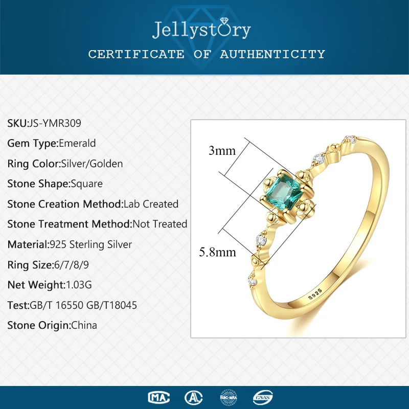 Jellystory кольцо из стерлингового серебра S925 пробы с квадратным Изумрудным камнем для женщин, хорошее ювелирное изделие для помолвки, свадебные, вечерние, размер 6-9