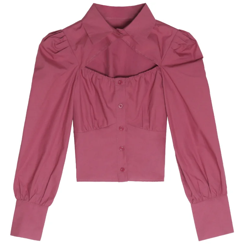 Женская рубашка с открытым воротником однобортная приталенная длинным рукавом
