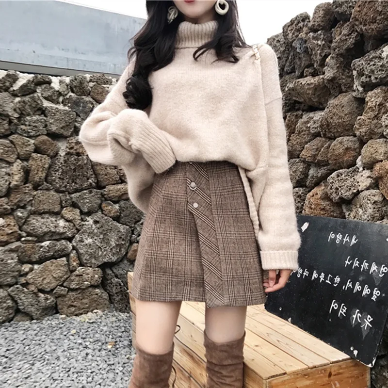 Модные женские юбочные костюмы свитер с высоким воротом Пуловер Мини юбки