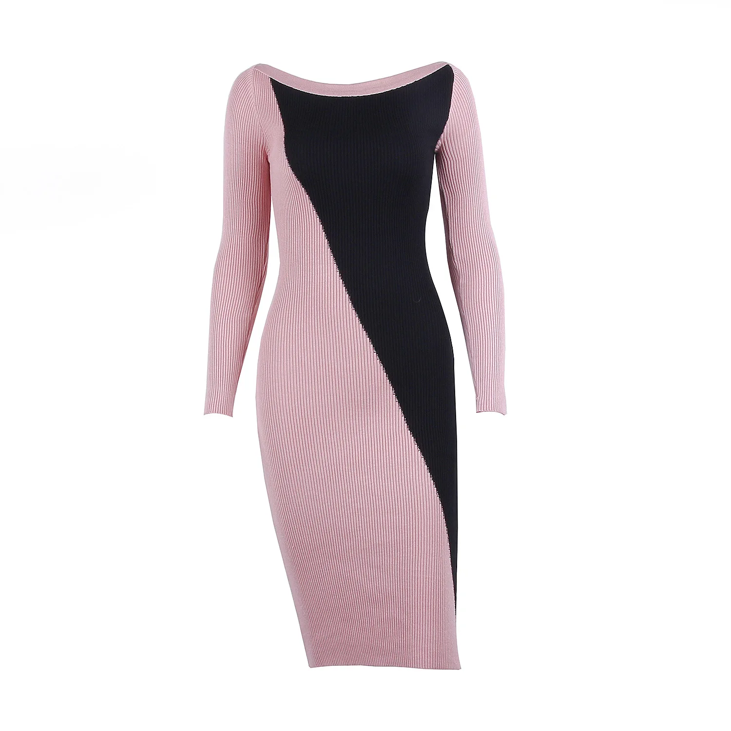 

2020 new European and American women's autumn and winter long-sleeved one-shoulder contrast color knitted sweater dress