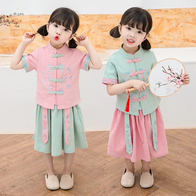 

Girls Han Fu Twinset New Summer Cheongsam Qipao Chinese tradition Style Two-piece Suit Princess Dress