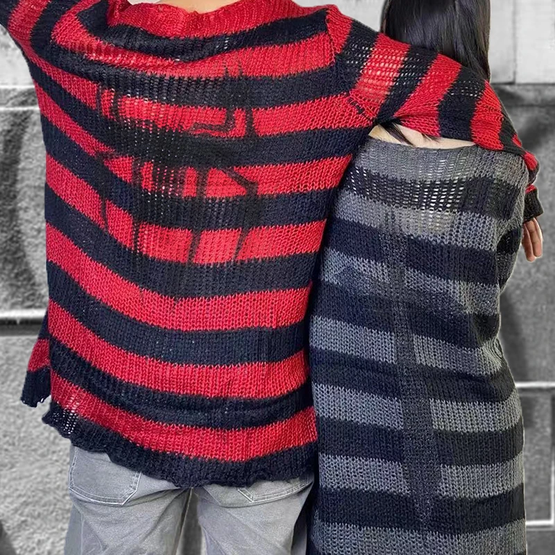 

Dourbesty Women Fashion Knitted Oversized Sweater Striped Spider/Cross Long Sleeve Hollow Out Pullover Top Punk Gothnic Sweaters