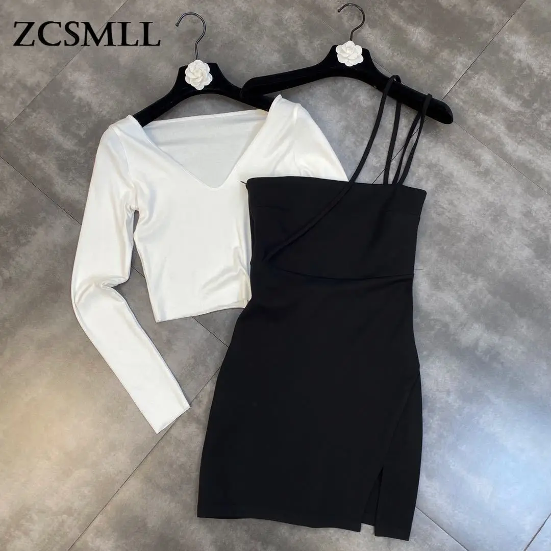 

ZCSMLL 2021 autumn V-neck long-sleeved small shirt with double shoulder straps oblique shoulder waist dress two-piece trend