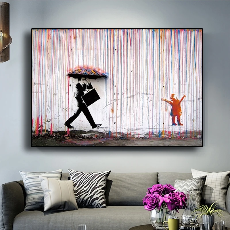 

Banksy Art Graffiti Colorful Rain Wall Canvas Painting Poster and Print Wall Art Pictures Cuadros for Living Room Unframed