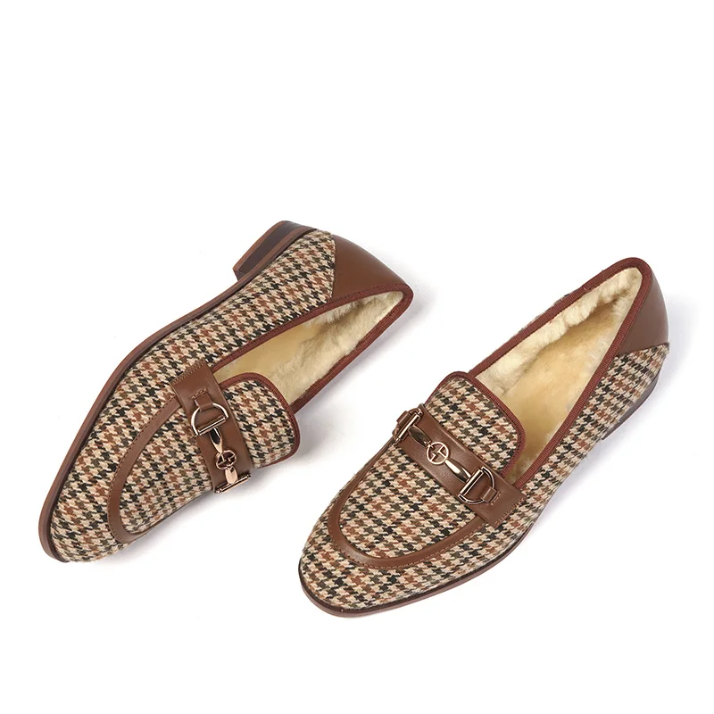 

Women's genuine leather bordered fabric patchwork slip-on flats loafers warm wool inside winter snow single shoes casual shoes