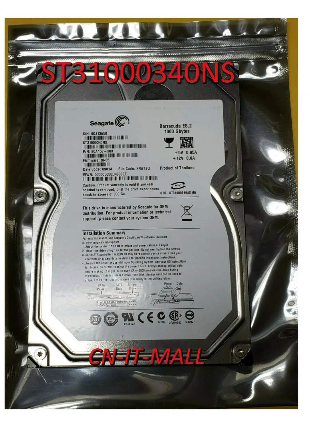 

Внутренний жесткий диск Seagate BarraCuda ES.2 ST31000340NS, ТБ, 7200 об/мин, 32 Мб кэш-памяти, SATA 3,0 ГБ/сек. 3,5 дюйма