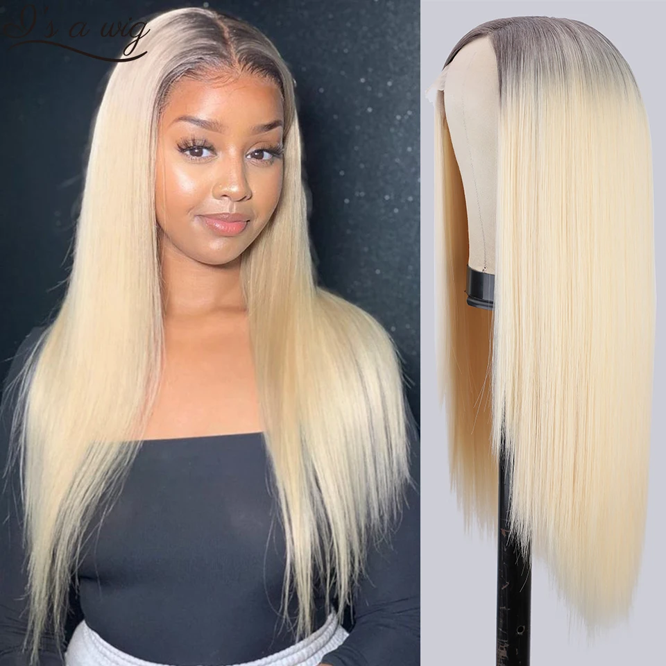 

I's a wig Ombre Blonde Synthetic Lace Wigs for Women Long Straight Lace Front Wigs Middle Part Nature Mix Brown Black Red Hairs