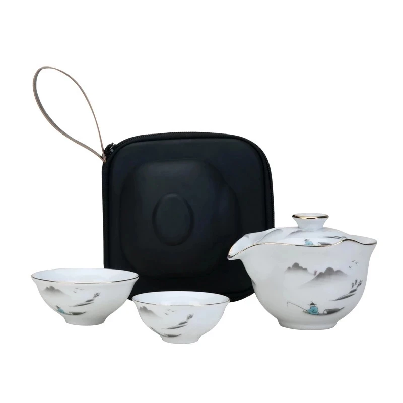 

Китайский дорожный чайный сервиз Кунг-фу, керамический портативный чайный сервиз, фарфоровый чайный сервиз Gaiwan, чайные чашки для чайной цер...