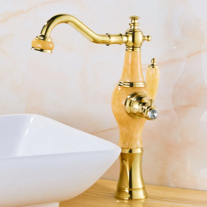 

Solid Brass & Jade Bathroom Basin Faucets Copper Sink Mixer Taps Hot & Cold Single Handle Lavatory Crane Rotating Deck Mounted