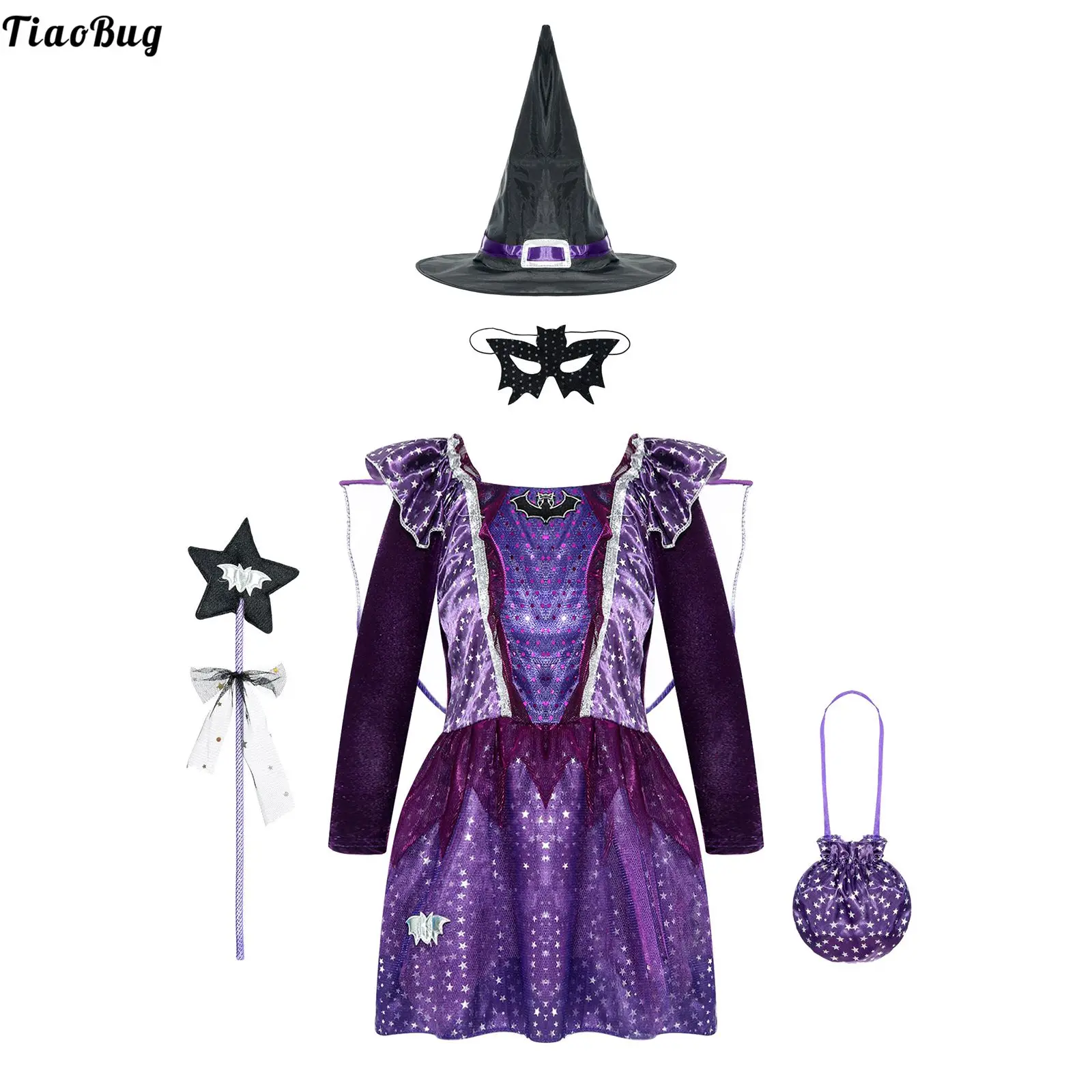 

5Pcs Kids Girls Halloween Witch Cosplay Costume Long Sleeves Detachable Wings Dress With Pointed Hat Mask Bag And Fairy Wand Set