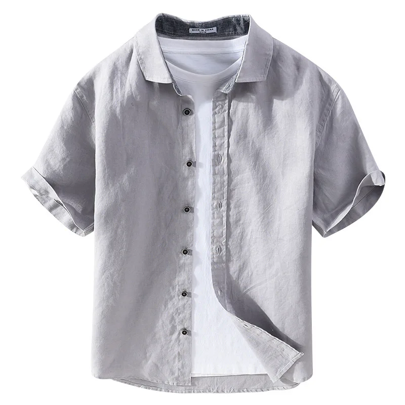 

2021 Men's New Pure Linen Solid Color Casual Short-Sleeved Shirt Summer Square Collar Youth Slim Linen Shirt 1009