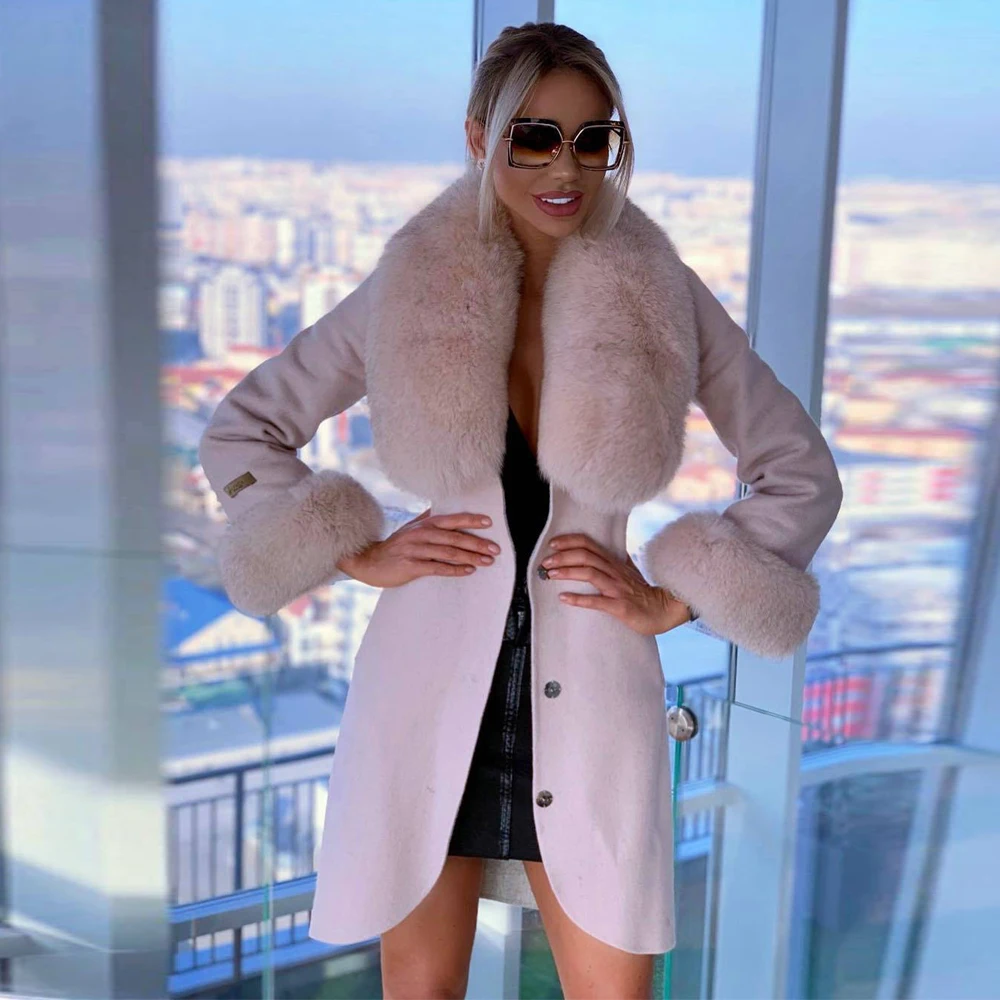 Light Grey Long Wool Blends Coat with Silver Fox Fur Lapel Collar Woman Fashion Real Fox Fur Cashmere Coats Outwear Female 2022 enlarge
