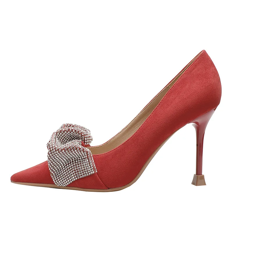 

Sexy Rhinestone Stilettos High Heels Shoes Women Spring Fall Shallow Flock Office Party Pumps for Ladies wedding shoes Bride