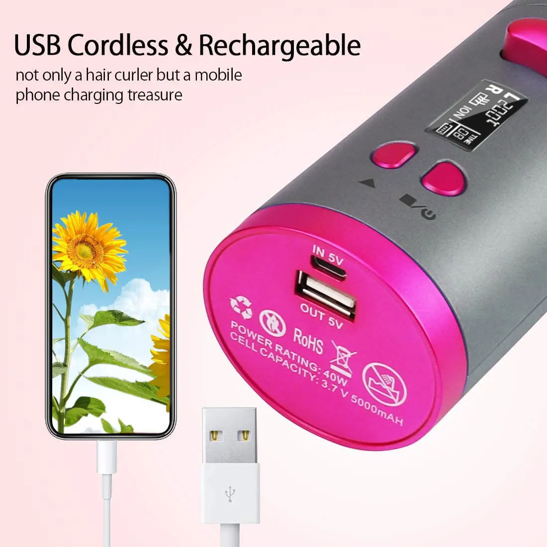 

Cordless Automatic Rotating Hair Curler USB Rechargeable Curling Iron LED Display Temperature Adjustable styling tool Wave Styer