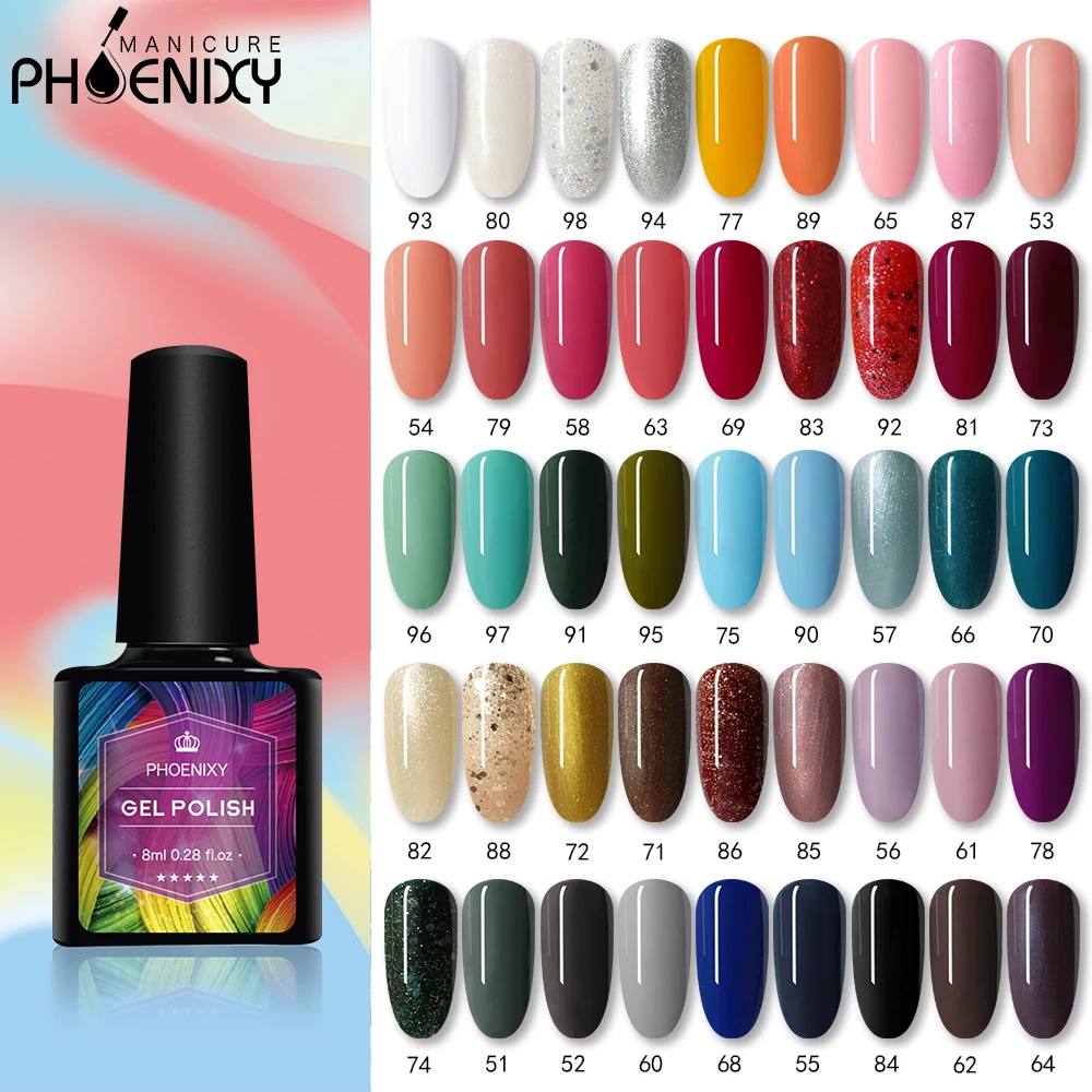 

PHOENIXY 8ml UV Gel Nail Polish Soak Off Nail Gel For Manicure Nail Art 45 Color Nail Gel Polish Base Top Coat Needed