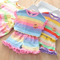 2pcs summer toddler kids girls 2021 new rainbow stripes flying sleeve t shirt topsshort pants baby girl clothes set