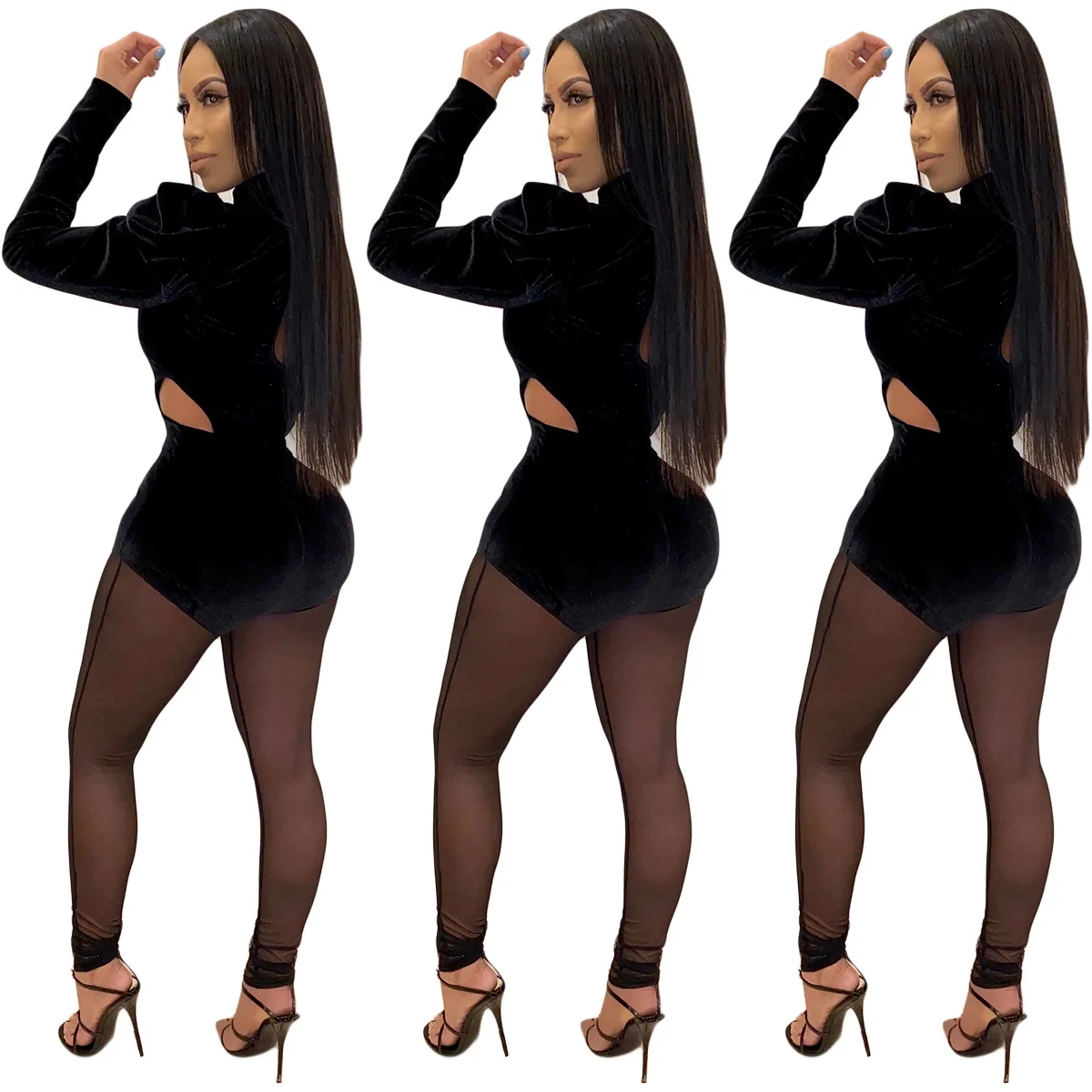 

New Arrived Hot Selling Jumpsuits Fashion Casual Sexy Solid Color Mesh Tight Long Sleeves Female Leisure Jumpsuits
