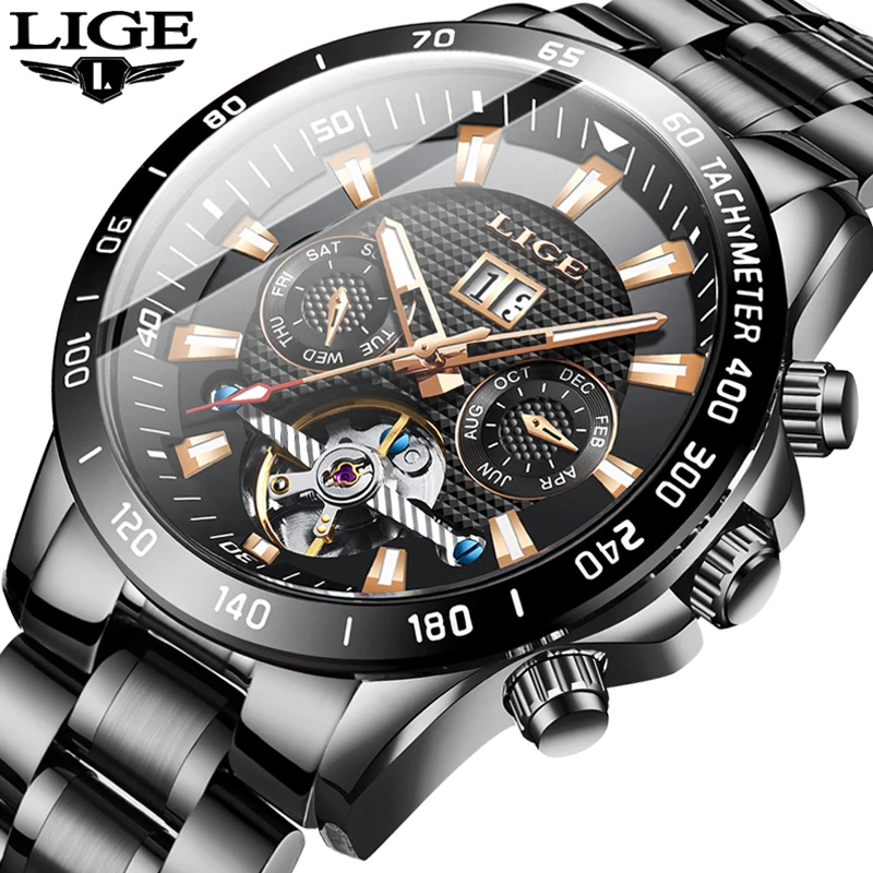 

LIGE 2021 business watch for men Automatic Luminous clock men Tourbillon waterproof Mechanical watch top brand relogio masculino