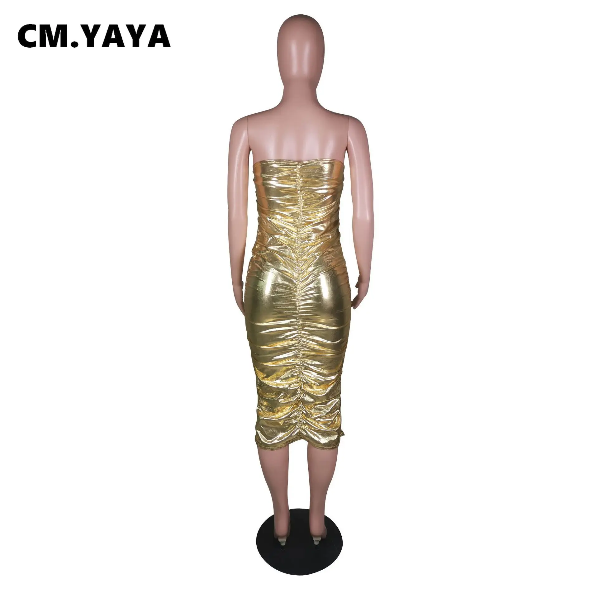 Яркое золотистое платье миди CM.YAYA без бретелек с рюшами для сексуальных клубных