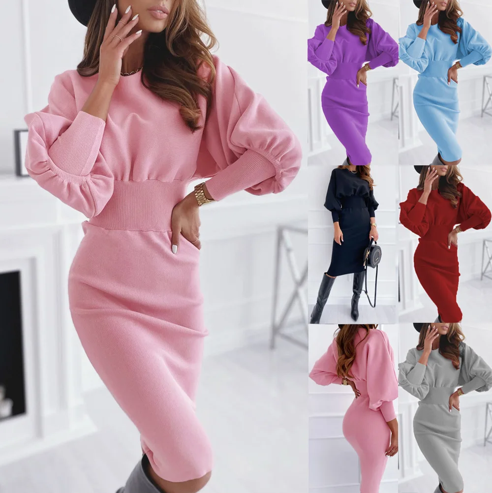 

2021 casual solid color round neck waist knit sweater sexy bag hip dress women's clothing