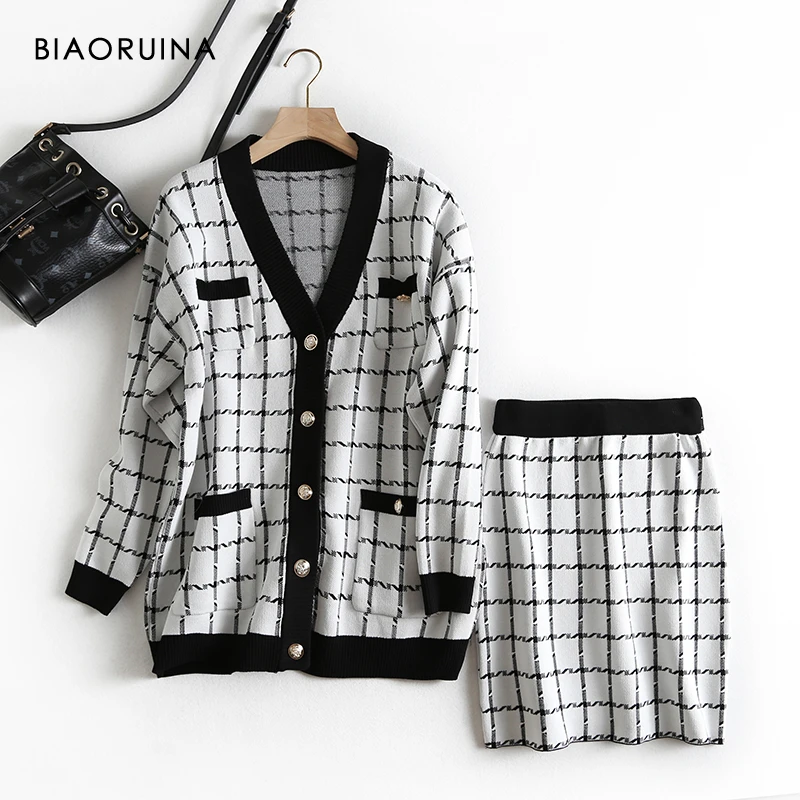 BIAORUINA женский модный однобортный клетчатый вязаный кардиган с v образным вырезом