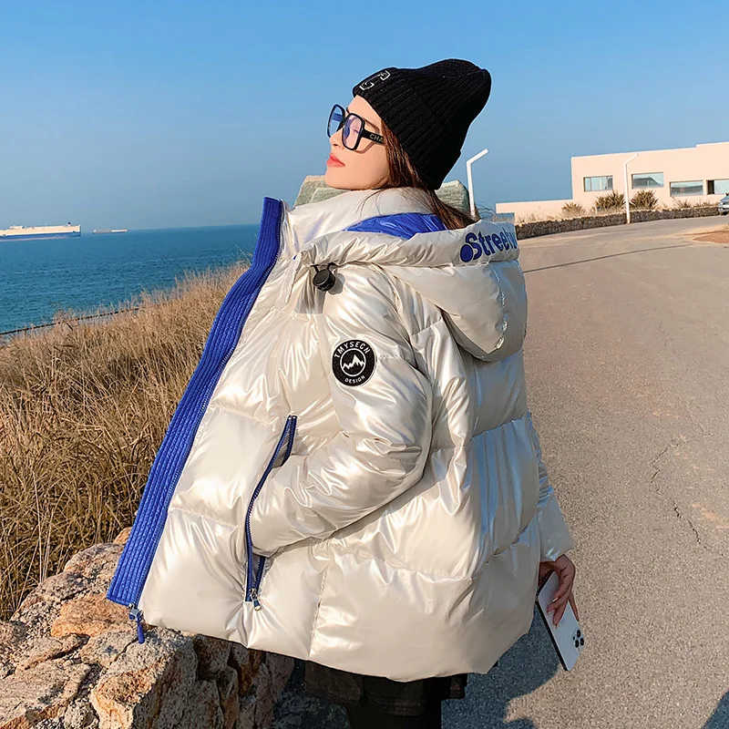 Winter Bright Silver Short Padded Jacket Women Hooded Parker Korean Clothing Casual Loose Coat Female Outwear