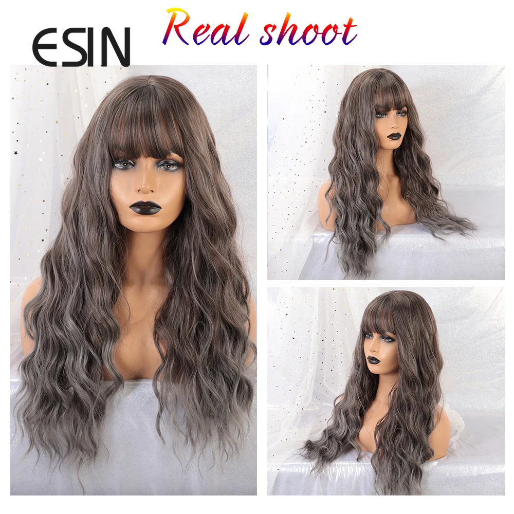 ESIN серая корня Омбре светильник серый длинный волнистый парик с челкой косплей