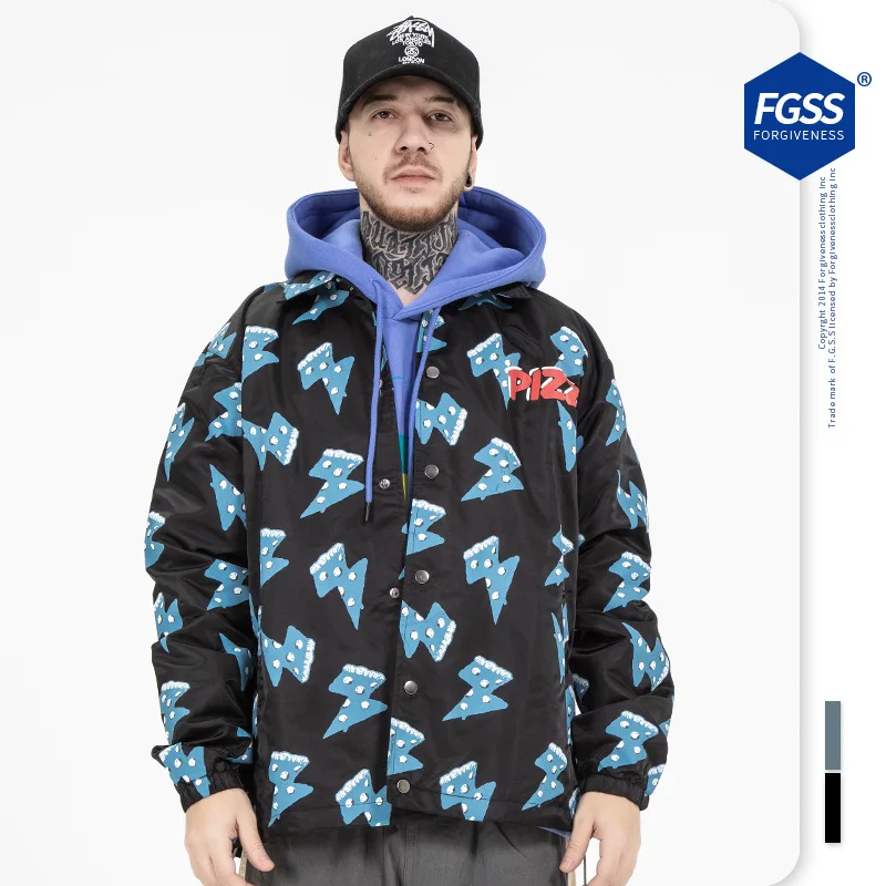 

High Street Men Hip Hop Coach Jacket Pizza Party Printed Full Screen Mens Fashion Clothing Trends Windbreaker Bomber Jacket
