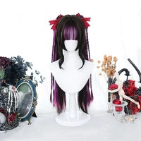 mixed pink purple harajuku wig ponytails long straight cosplay dark brown bangs fairy girls evil princess accessories